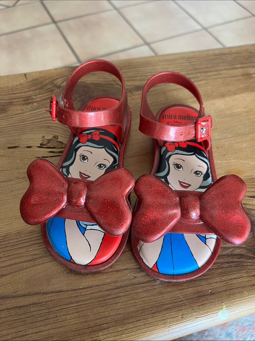 Mini Melissa Red Glitter Bow Sandals with Blue Insole Art